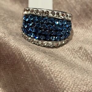 White & Blue Austrian Crystal Ring size 6 NWTS